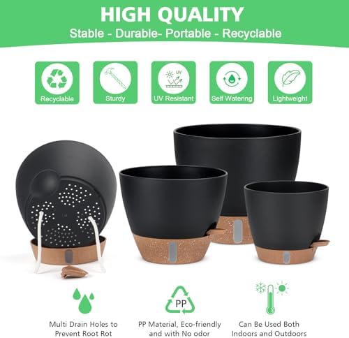 12" 10" 9" 8" Self Watering Pot for Indoor Plants, Large Plastic Planters Set with Water Level Indicator Deep Reservoir Tray, Bottom Watering Big Flower Pots with Mesh Drainage Hole - Black - Image 5