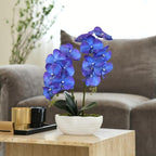 Large Artificial Orchid Arrangement in Oval Ribbed Ceramic Pot, Purple Blue - Image 3