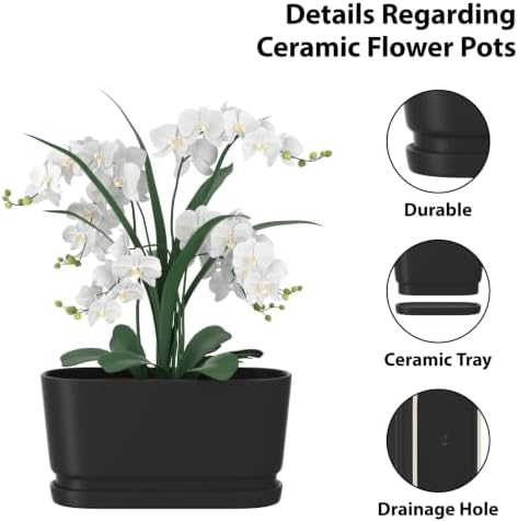13" Rectangular Ceramic Planter with Drainage and Saucer, Black - Image 3
