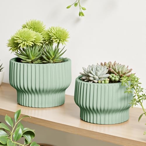 OXART Ceramic Pots for Plants, 9.4+8+6 Inch Plant Pots Indoor, Durable Planters for Indoor Plants with Drainage Hole, Round Flower pots for Home Garden Patio Office, Green - Image 2