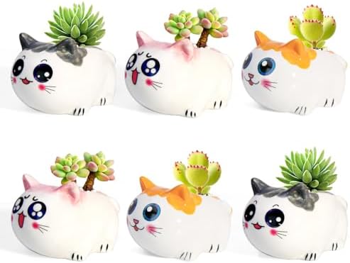 Cat Succulent Pots Set of 6 - Small Ceramic Animal Planters with Drainage by celamos