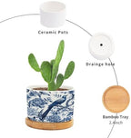 Blue Indigo Floral Chinoiserie Planter Ceramic Asian Navy Bird Round Plant Pot with Drainage Holes and Bamboo Tray Pot for Home Office Desk Garden - Image 3