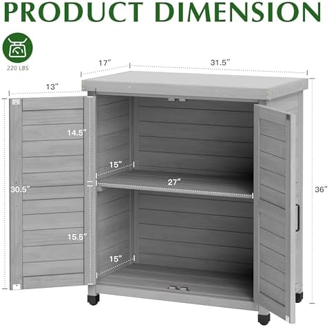 Outdoor Storage Cabinet & Potting Bench Table with Metal Top, Wooden Patio Furniture, Garden Workstation (Classic Grey, 36x31x17in) - Image 3