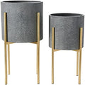 Main + Mesa Modern Boho Embossed Metal Planters with Stands, Charcoal Grey and Gold, Set of 2 Sizes by MainMesa
