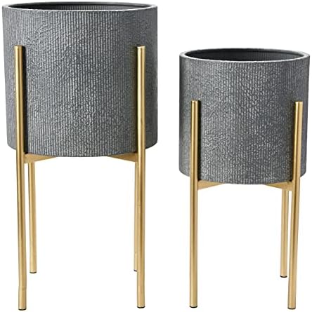 Main + Mesa Modern Boho Embossed Metal Planters with Stands, Charcoal Grey and Gold, Set of 2 Sizes by MainMesa