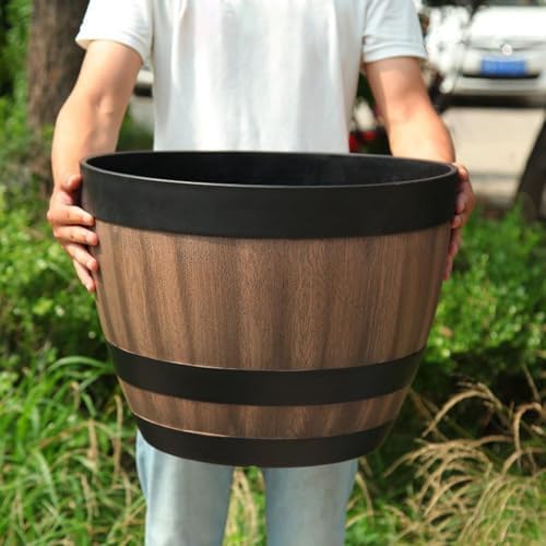 Plant Pot Faux Whiskey Barrel Shape Garden Pots and Planters, Plastic Indoor Outdoor Yard Patio Flowerpot Flower Pot Barrel Planter 12×12×8.9” - Image 2