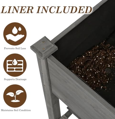 Raised Garden Bed with Lockable Wheels, 48x24x32 inch Elevated Wood Planter with Storage Shelf Protective Liner for Vegetable Flower Herb Outdoor Balcony Patio Backyard, Grey - Image 4