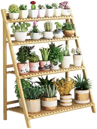3‑Tier Folding Ladder Bamboo Plant Stand, 48in Tall Corner Floor‑Standing P by Unknown