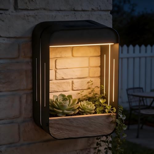 Pia Ricco Medium Solar Wall Light with Planter Shelf, Outdoor Waterproof Wall Sconce with Woodgrain & Auto On/Off, Black for Patio, Fence, Porch Decor - Image 6