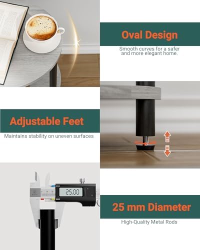 Small Round Side Table - 3-Tier Oval Accent Table for Small Spaces, Rustic Wood and Metal Nightstand for Living Room or Bedroom, Built-in USB Ports and Power Outlet, Greige - Image 3