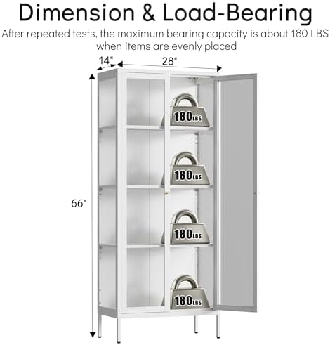 Polup 66" White Glass Display Cabinet, 3-Side Clear View for Collectibles - Image 3
