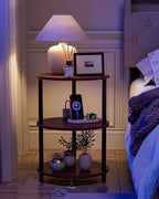 Small Round Side Table - 3-Tier Oval Accent Table for Small Spaces, Rustic Wood and Metal Nightstand for Living Room or Bedroom, with Built-in USB Ports and Power Outlet, Rustic Walnut - Image 5