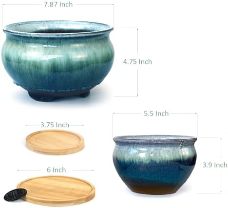 8 and 5.5 Inch Succulent Pot with Drainage and Saucer Glazed Terracotta Round Ceramic Succulent Planter Cactus Bonsai Plant Pot (White and Green) - Image 7