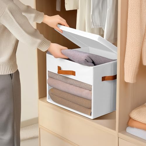 Homsorout Large Storage Bins with Lids - 4 Pack Foldable Decorative Organizers with Clear Windows & Handles, Cube Storage Organizers for Clothes, Blankets, Sweaters, CD, White - Image 7