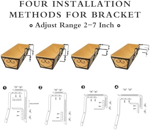 6 Pack 24 Inch Window Boxes Planters Railing Planter Box with Adjustable Brackets for Porch Fence Patio Balcony Hanging Flower Baskets with Woven Fabric for Outdoor Garden Decor - Black - Image 3