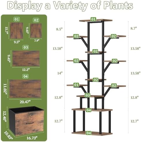 Plant Stand Indoor with Grow Lights - 12 Tiered Metal Plant Shelf with Drawer, 65" Large Plant Stand for Indoor Plants, Holds 16 Plant Pots, Flower Holder Plant Rack for Living room, Patio, Bedroom - Image 7