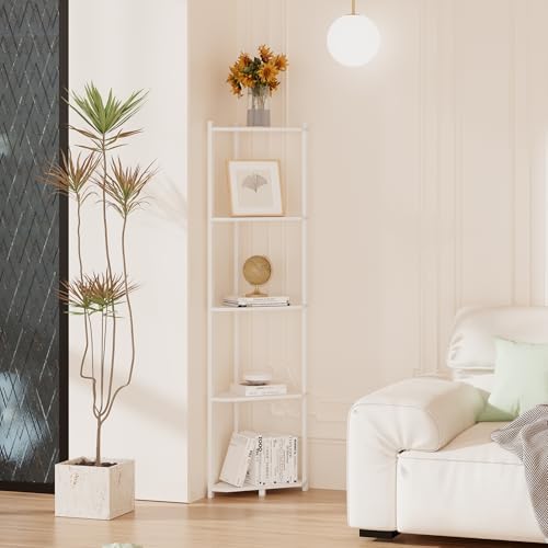 Wisuce Bamboo Tall Corner Shelf Stand, 5-Tier White Corner Bookshelf - Image 6