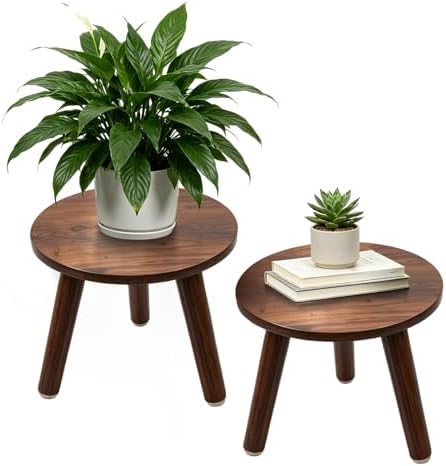 2-Pack Mid Century Plant Stand for Indoor Plants, Modern Wood Flower Pot Holder Stand for Living Room, Decorative Small Round Side Table for Balcony, Patio, Office, 8.9” High, Walnut by Bbteroiu