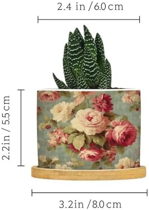 Watercolor Pink Roses Planter Ceramic Romantic Flower Round Flower Pot with Drainage Holes and Bamboo Tray Pot for Pots Outdoor Indoor Plants - Image 2