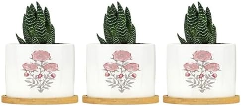 Mughal Flower Planters Ceramic Pink Flower Round Flower Pots with Drainage Holes and Bamboo Tray Pot for Succulents Cactus Garden Windowsill by BRUYU5SE