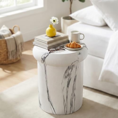 Christopher Knight Home 18.11 Inch Sculptural MGO Side Table Modern Round End Table Faux Travertine Indoor Outdoor Pedestal Accent Table, White Marble Finish - Image 4