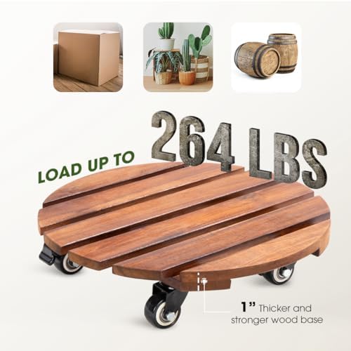 Idzo 2-Pack 14 Inch Acacia Wood Plant Caddy with Wheels – Heavy-Duty Plant Dolly with 264 Lbs Capacity, 360° Lockable Wheels for Large Plant Pots, Heavy Objects, Ideal for Indoor and Outdoor Use - Image 6