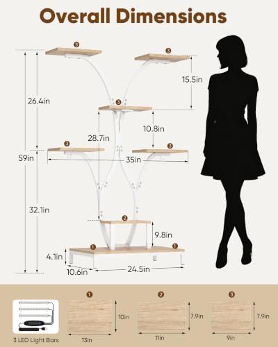 Indoor Plant Stand with Grow Lights, 59" Tall Corner Plant Stand for Multiple Plants, 7 Tiered Plant Shelf, Metal and Wood Plant Rack for Living Room, Bedroom, Home Decor, Natural - Image 2