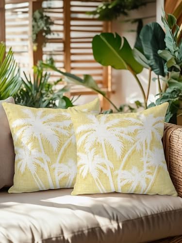 Tropical Palm Tree 18x18 Waterproof Outdoor Throw Pillows Set of 2 with Inserts, Vintage Yellow Exotic Botanical Plants Patio Decorative Cushions for Outdoor Sofa Porch Garden Furniture - Image 2