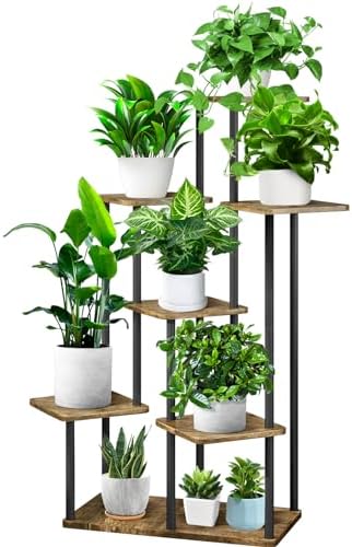7 Tier Plant Stand Indoor, Thickened Metal Wood Corner Plant Shelf Stands for Multiple Plants, Indoor Tall Plants Stand Tiered Flower Holder for Living Room Patio Garden Balcony(Black+Brown) by YOCOMEY