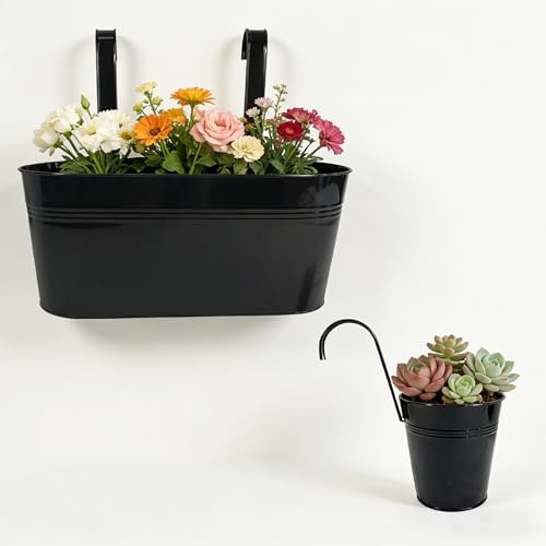 4 Pack Mixed Size Metal Fence Planters Set with Detachable Hooks, Black - Image 6