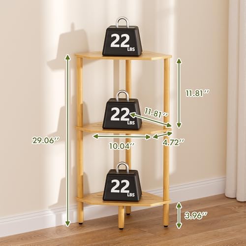 3 Tier Bamboo Corner Shelf, Storage Stand with Adjustable Feet, Small Spaces Corner Bookshelf, Plant Stand, Space-Saving Organizer Shelves, Small Corner Table for Bathroom Kitchen Living Room - Image 2