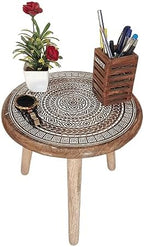 VANIYA CRAFTS® Wooden Engraved Fold-able Side Table/End Table/Plant Stand/Stool for Living Room Bedroom Restaurant Kids Play Furniture Table Round Shape (Natural White 2) by VANIYACRAFTS