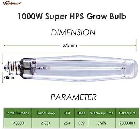 1000Watt Hydroponic High Pressure Sodium HPS Grow Light Bulb Lamp,High PAR Enhanced Red and Orange Spectrums, CCT 2100K, Ultra Bright 140,000 Lumens,E39 Base,2pack - Image 3