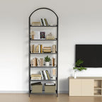 Homhedy 6-Tier Tall Black Bookshelf, Arched Bookcase with Glass Shelves - Image 7