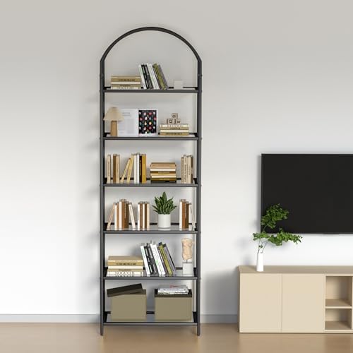Homhedy 6-Tier Tall Black Bookshelf, Arched Bookcase with Glass Shelves - Image 7