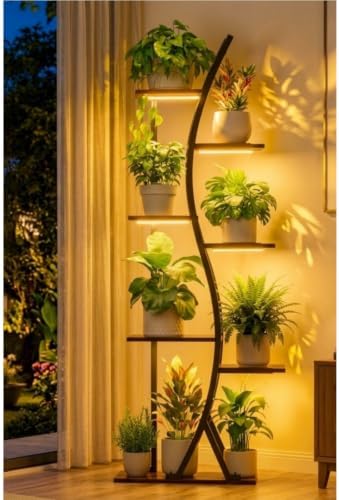 56" Plant Stand Indoor with Grow Lights, 7 Tiered Tall Metal Plant Shelf by MJOMKN