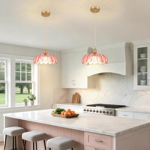 Battery Operated Pendant Light,Pink Vintage Light Fixtures RGB Rechargeable Light Bulb 2500mAh 9.8in with Remote Control Wireless Adjustable Chandelier for Kitchen Island Hallway 1 Light - Image 5