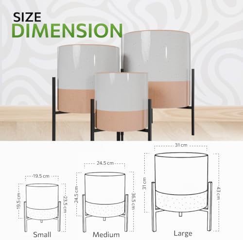 23 Bees Mid-Century Modern Ceramic Planter with Plant Stand Indoor Decorative Plant Pot with Stand in Earthy Beige and White Glaze, Black Metal Stand (Large 16 inch plant pot, Three sizes) (Small) - Image 5