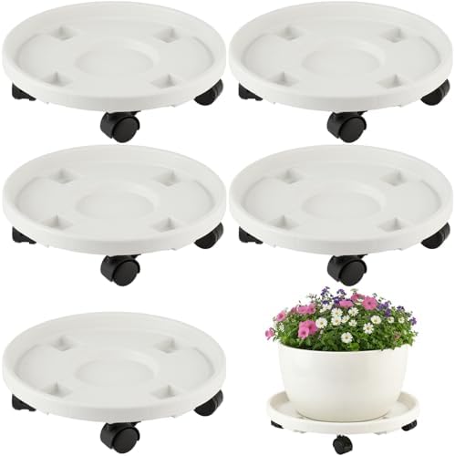 5-pack 14.2" Large Plant Caddy with Wheels Plastic Plant Dolly with Locking Caster Flower Pot Mover Rollers Wheeled Rolling Plant Stands Round Plant Saucer on Wheels Indoor Outdoor Base Coasters White by PartyZealot