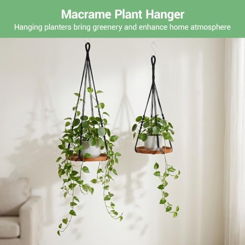 2 Pack Macrame Plant Hanger, 41'' & 32'' Plant Hanger Indoor Set with 12'' & 9.8'' Wood Trays, Bohemian Hanging Planter with Hooks for Living Room Window, Home Decor - Image 3