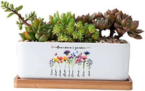 Personalized Birth Month Flower Plant Pot with Kids Names,Custom Grandma's Garden Ceramic Succulent Planter with Bamboo Tray Indoor Outdoor Home Decor Plants, for Mom Grandma,B2 by Uitwaieen