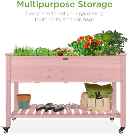 Best Choice Products Raised Garden Bed 48x24x32-inch Mobile Elevated Wood Planter w/Lockable Wheels, Storage Shelf, Protective Liner - Pink - Image 3