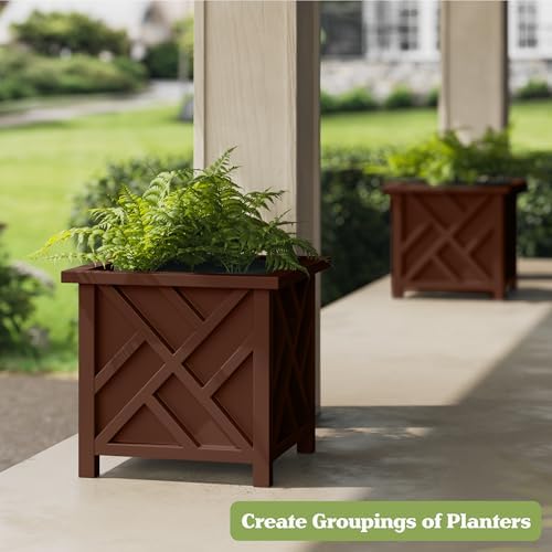 Lattice Design Planter Box - 15.5-Inch-Square Decorative Outdoor Flower or Plant Pot - Front Porch, Patio, and Garden Decor by Pure Garden (Brown) - Image 4