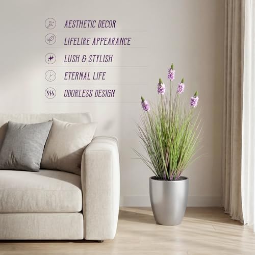 Artificial Plants Indoor Tall Grass Plants with Lilac Flower 35.4In Tall Artificial Ornamental Grass Green Onions Outdoor Fake Plants with Black Pot Home Office Decorative (1 Pack,Purple) - Image 5