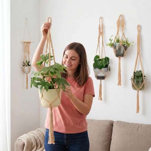 Boho Macrame Plant Hangers Set (6-Pack) - Neutral-White - Image 5