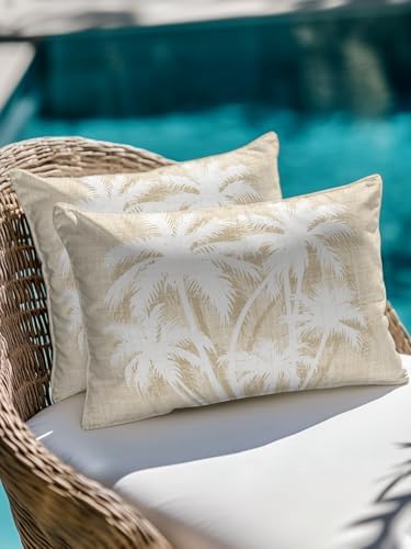 Outdoor Pillow Waterproof 1 Pack, Tropical Palm Tree Patio Throw Pillows for Couch Bed Sofa with Insert, Vintage Beige Exotic Botanical Plants Decorative Travel/Reading/Camping Pillow Set 12x20 Inch - Image 4