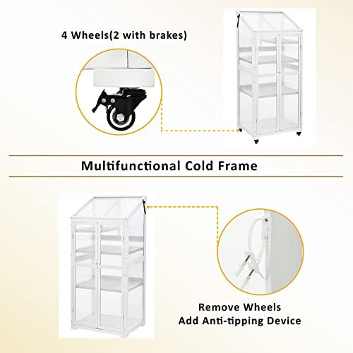 Portable Greenhouse Balcony Wood Polycarbonate Cold Frame Greenhouse Cabinet with Removable Wheels and Adjustable Shelves for Outdoor & Indoor Use - Image 3