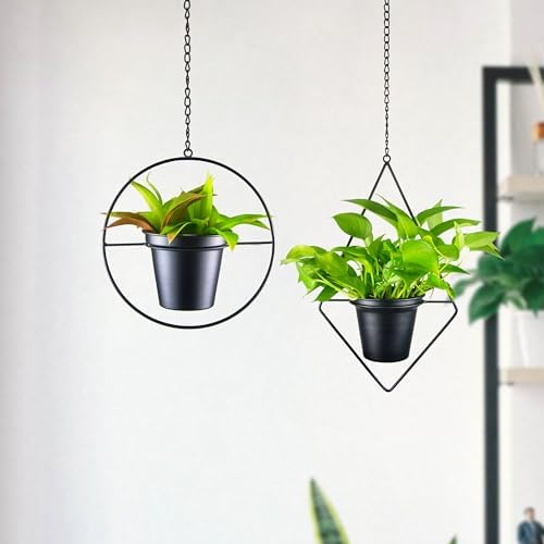 Modern Metal Hanging Planters Set of 2 - Round and Diamond Geometric Plant Hangers with 5 Inch Pots - Black Wall and Ceiling Mount Flower Holders for Indoor Houseplants, Boho Home Décor - Image 5