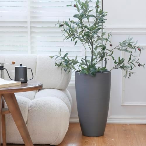 Large Lightweight Tall Plant Pots with Drainage Hole and Saucer, Set of 2 Tall Plastic Planters Indoor Outdoor Flower Pot Tall Planters (Grey Wooden-Matte Finish, 21 Inch, Round) - Image 2