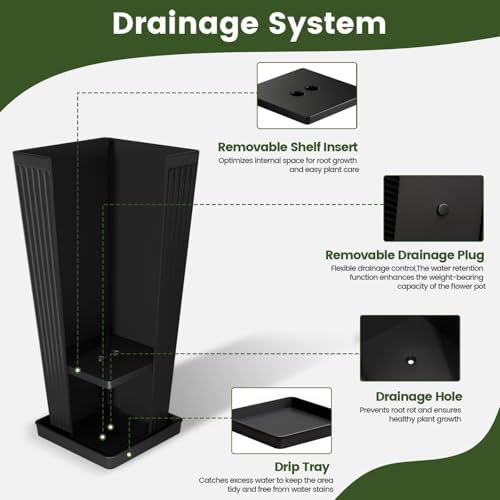 24" Tapered Tall Planters for Outdoor Plants with Tray&Shelf, Black - Image 3